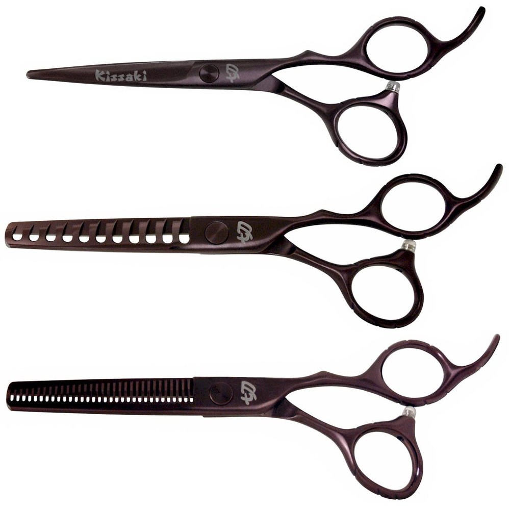 Kissaki Hair Scissors 3 Shears Matching Black Cherry Titanium Combo Futasuji 5.5 inches Hair Cutting Scissors and Ishizuki 11 Tooth Chunker Texturing Shears and Ishizuki 32 Tooth Thinning Shears