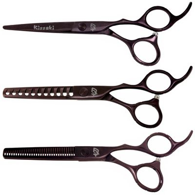 Kissaki Hair Scissors 3 Shears Matching Black Cherry Titanium Combo Futasuji 6.0 inches Hair Cutting Scissors and Ishizuki 11 Tooth Chunker Texturing Shears and Ishizuki 32 Tooth Thinning Shears