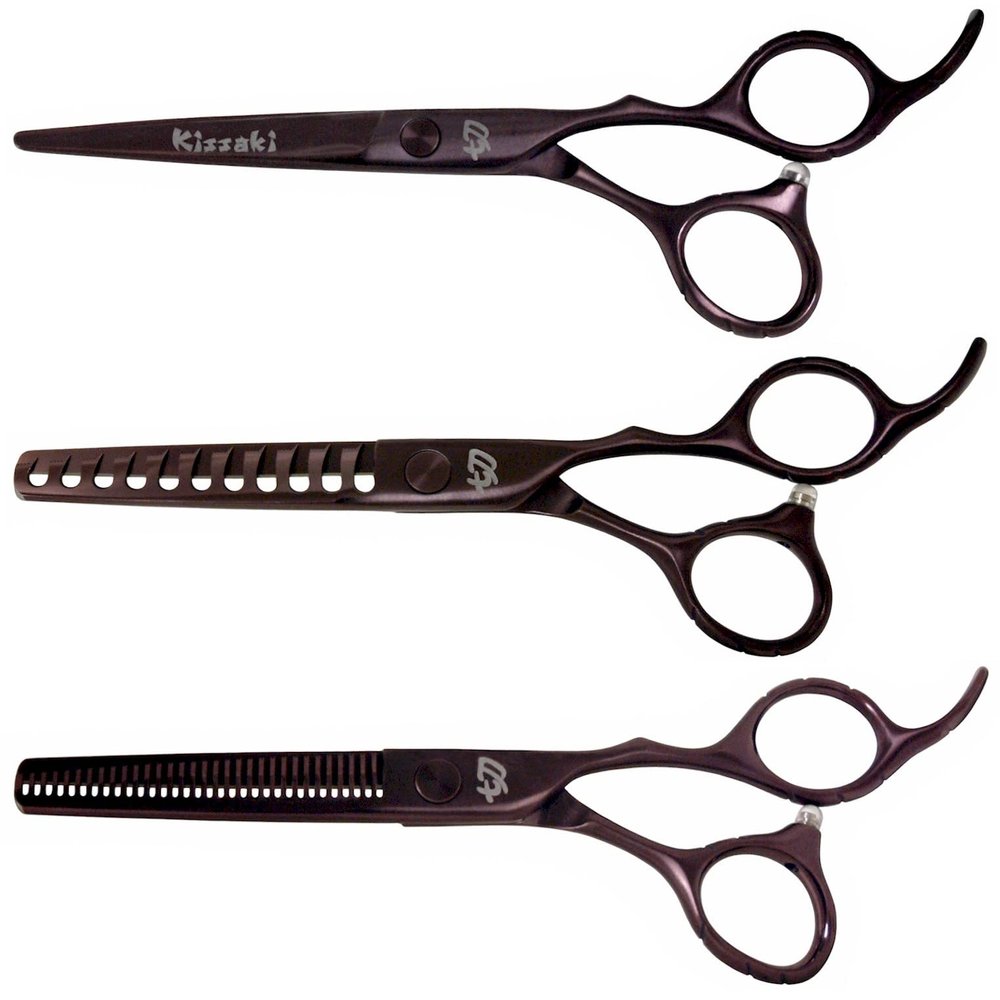 Kissaki Hair Scissors 3 Shears Matching Black Cherry Titanium Combo Futasuji 6.0 inches Hair Cutting Scissors and Ishizuki 11 Tooth Chunker Texturing Shears and Ishizuki 32 Tooth Thinning Shears