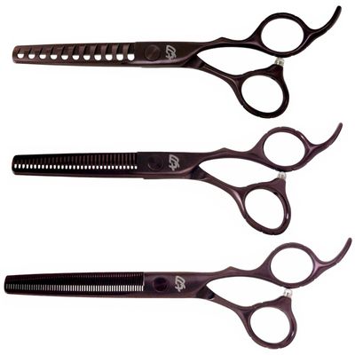 Kissaki 3 Hair Thinning Shears Matching Black Cherry Titanium Set Ishizuki 11 Tooth Chunker Texturing Shears and Ishizuki 32 Tooth Thinning Shears and Ishizuki 60 Tooth Blending Thinning Shears
