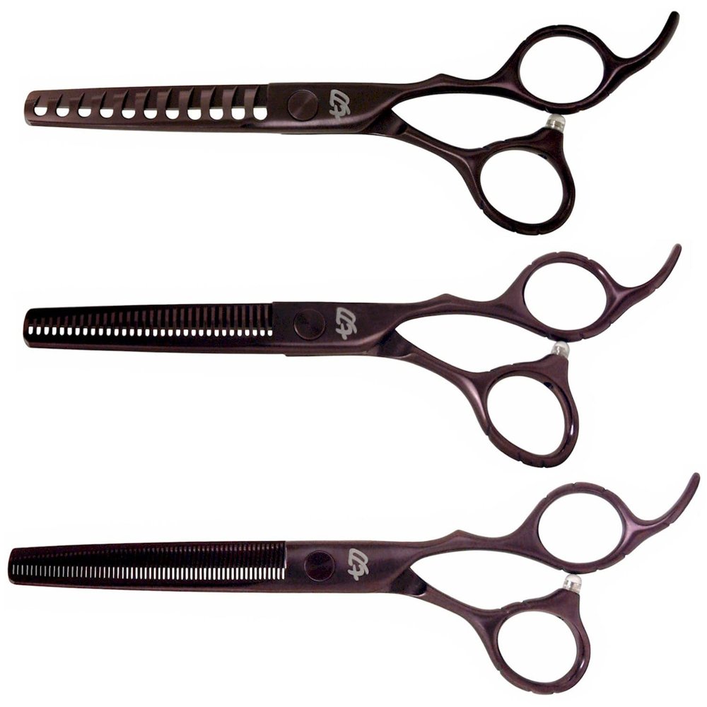 Kissaki 3 Hair Thinning Shears Matching Black Cherry Titanium Set Ishizuki 11 Tooth Chunker Texturing Shears and Ishizuki 32 Tooth Thinning Shears and Ishizuki 60 Tooth Blending Thinning Shears