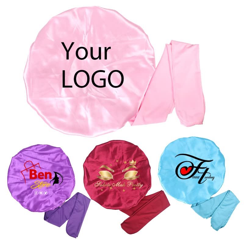 Custom Logo Satin Bonnet Hair Care Bonnet for Sleeping,10-20 PCS Silk Bonnet Hair Wrap Cap with Ribbon Tie Band for Women Curly Hair Braids (Pack of 10, Light Pink)