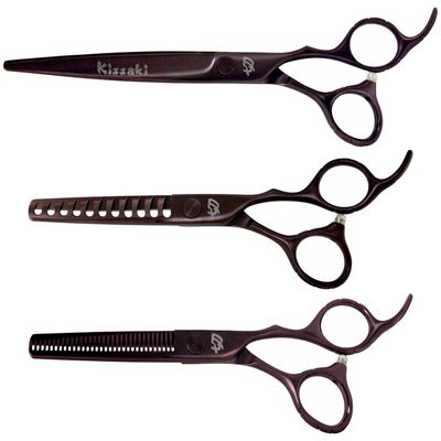 Kissaki Hair Scissors 3 Shears Matching Black Cherry Titanium Combo Futasuji 7.0 inches Hair Cutting Scissors and Ishizuki 11 Tooth Chunker Texturing Shears and Ishizuki 32 Tooth Thinning Shears