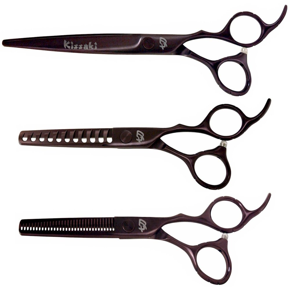 Kissaki Hair Scissors 3 Shears Matching Black Cherry Titanium Combo Futasuji 7.0 inches Hair Cutting Scissors and Ishizuki 11 Tooth Chunker Texturing Shears and Ishizuki 32 Tooth Thinning Shears