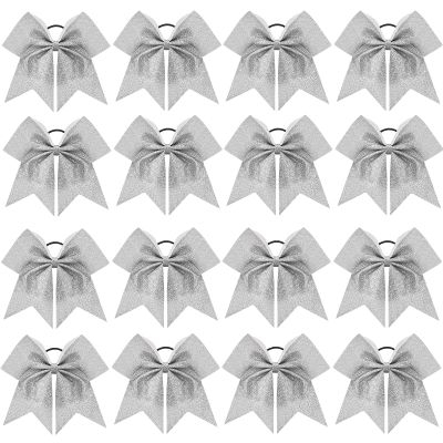 16 PCS 8" Large Glitter Cheer Bows for Cheerleaders, CN Sparkly Hair Bows with Elastic Hair Ties Accessories for Teens Girls Women Cheerleading Softball Competition Sports (Silver)