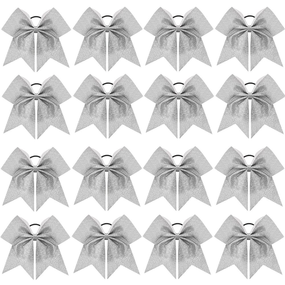 16 PCS 8" Large Glitter Cheer Bows for Cheerleaders, CN Sparkly Hair Bows with Elastic Hair Ties Accessories for Teens Girls Women Cheerleading Softball Competition Sports (Silver)