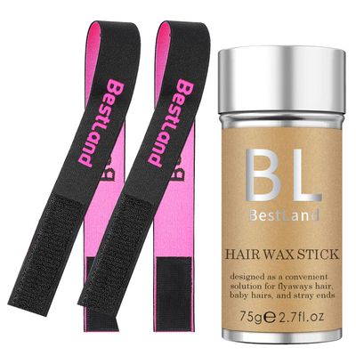BestLand Hair Wax Stick Long-Lasting Hold and Natural Shine, with 2 Pcs Wig Melting Band for Front Lace Wig, Edge Control Hair Finishing Flyaways Slick Wax Stick for Women