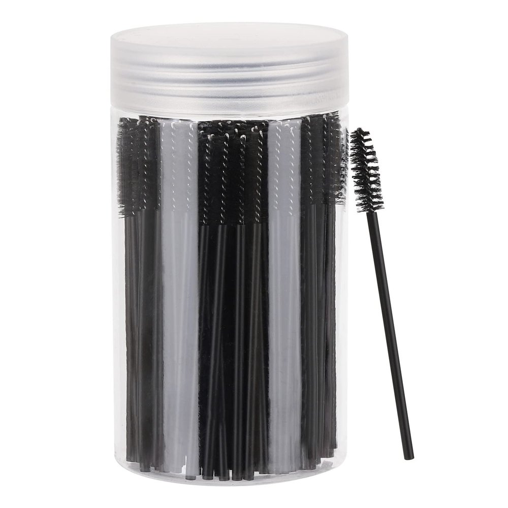 100 Pcs Disposable Mascara Wands, Eyebrow Spoolies Brush for Eyelash Extensions, Lash Brushes with Container (Black)