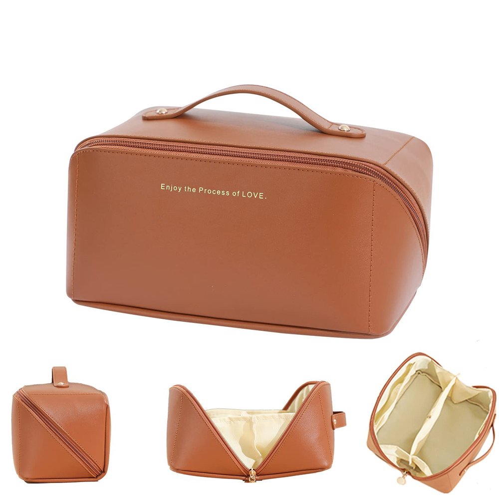 WOPLQA Large Capacity Travel Cosmetic Bag,Leather Multifunctional Storage, with Handle and Divider Travel Cosmetic Bags for Women,Opens Flat for Easy Access,Waterproof Portable Makeup Bag (Brown)