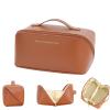WOPLQA Large Capacity Travel Cosmetic Bag,Leather Multifunctional Storage, with Handle and Divider Travel Cosmetic Bags for Women,Opens Flat for Easy Access,Waterproof Portable Makeup Bag (Brown) view 1