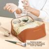 WOPLQA Large Capacity Travel Cosmetic Bag,Leather Multifunctional Storage, with Handle and Divider Travel Cosmetic Bags for Women,Opens Flat for Easy Access,Waterproof Portable Makeup Bag (Brown) view 2