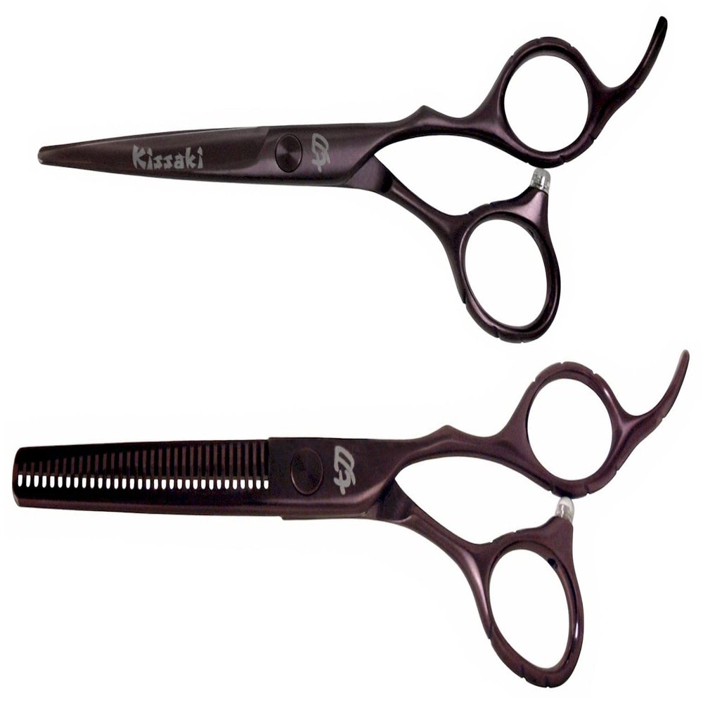 Kissaki Hair Scissors Black Cherry Titanium Futasuji 5.5 inches Hair Cutting Shears and Ishizuki 32 Tooth Thinning Shears Matching Combo