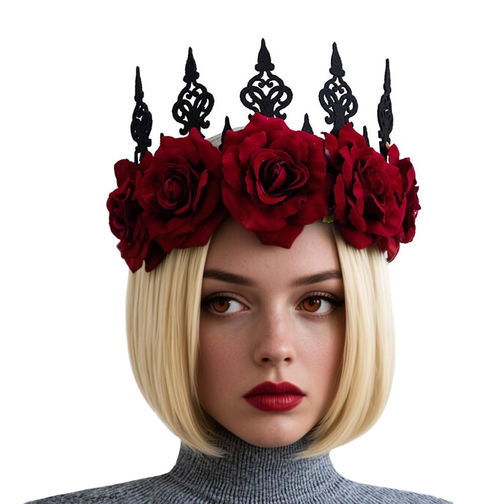 PENINSULA LOVE Rose Crown Headband Halloween Gothic Crown Flower Tiara Vintage Wedding Bridal Wreath for Cosplay Ball Party Day of The Dead