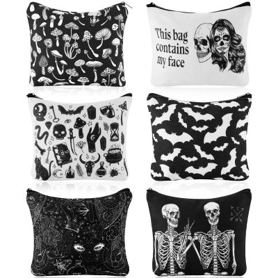 Amylove 6 Pcs Gothic Makeup Bag Goth Purse Gift for Women Portable Skeleton Cosmetic Makeup Zipper Pouch Funny Travel Zipper Purse Spooky Gifts for Halloween Party Favors