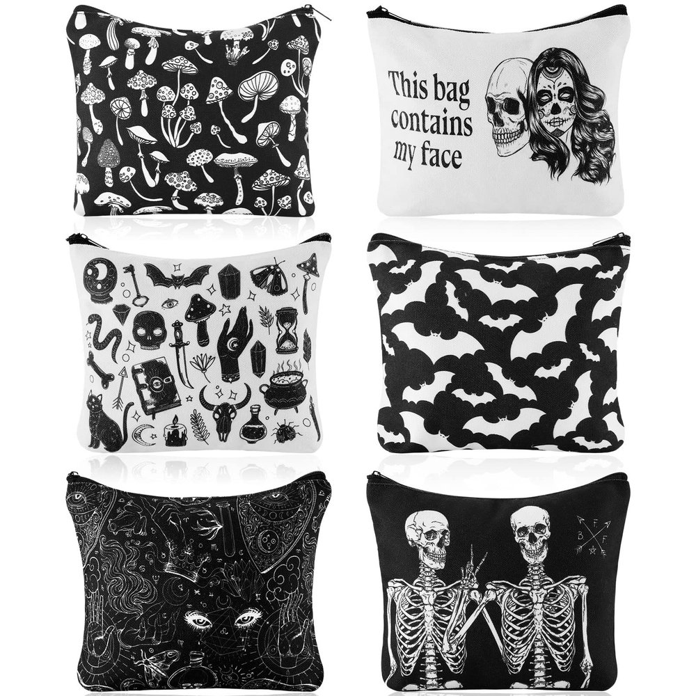Amylove 6 Pcs Gothic Makeup Bag Goth Purse Gift for Women Portable Skeleton Cosmetic Makeup Zipper Pouch Funny Travel Zipper Purse Spooky Gifts for Halloween Party Favors