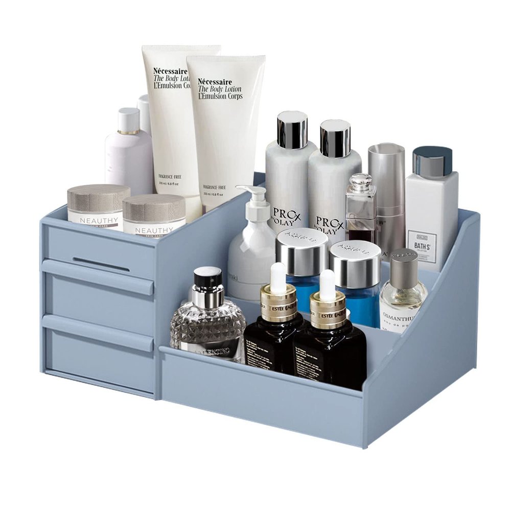 HJINGBIN Makeup Desk Organizer, Makeup Organizer with Drawers, Bathroom Countertop Organizer for Cosmetics, Vanity Holder for Lipstick, Brushes, Lotions, Eyeshadow, Nail Polish and Jewelry (Blue)