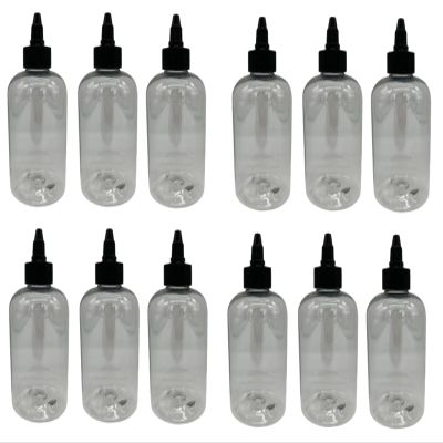 Natural Farms 8 oz Clear Boston Plastic Bottles -12 Pack Empty Bottle Refillable - BPA Free - Essential Oils - Aromatherapy | Black Twist Top Cap - Made in the USA