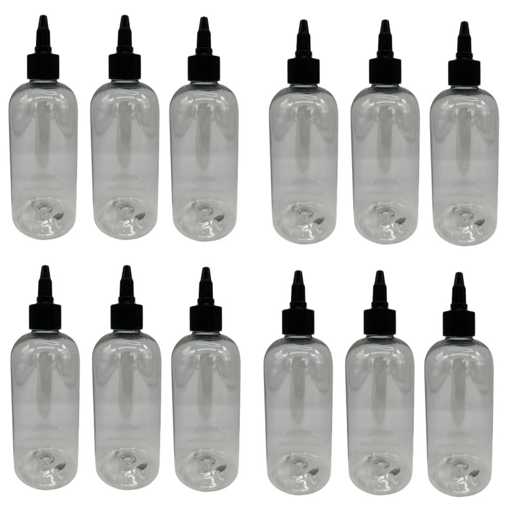 Natural Farms 8 oz Clear Boston Plastic Bottles -12 Pack Empty Bottle Refillable - BPA Free - Essential Oils - Aromatherapy | Black Twist Top Cap - Made in the USA