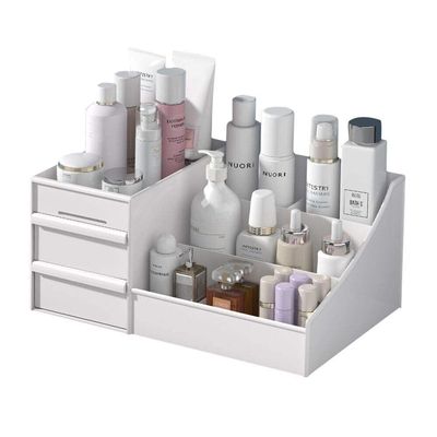 HJINGBIN Makeup Desk Organizer, Makeup Organizer with Drawers, Bathroom Countertop Organizer for Cosmetics, Vanity Holder for Lipstick, Brushes, Lotions, Eyeshadow, Nail Polish and Jewelry (White)