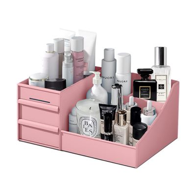 HJINGBIN Makeup Desk Organizer, Makeup Organizer with Drawers, Bathroom Countertop Organizer for Cosmetics, Vanity Holder for Lipstick, Brushes, Lotions, Eyeshadow, Nail Polish and Jewelry (Pink)