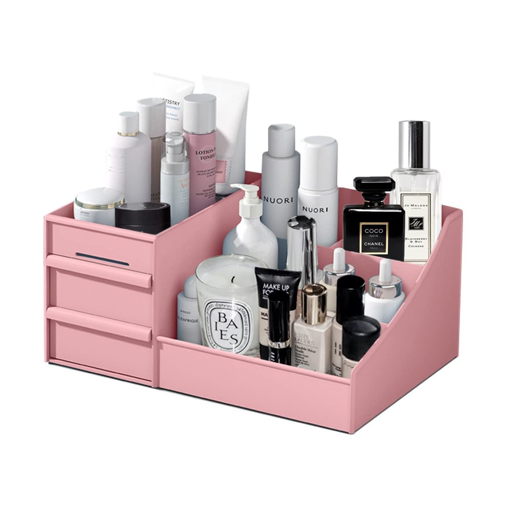 HJINGBIN Makeup Desk Organizer, Makeup Organizer with Drawers, Bathroom Countertop Organizer for Cosmetics, Vanity Holder for Lipstick, Brushes, Lotions, Eyeshadow, Nail Polish and Jewelry (Pink)