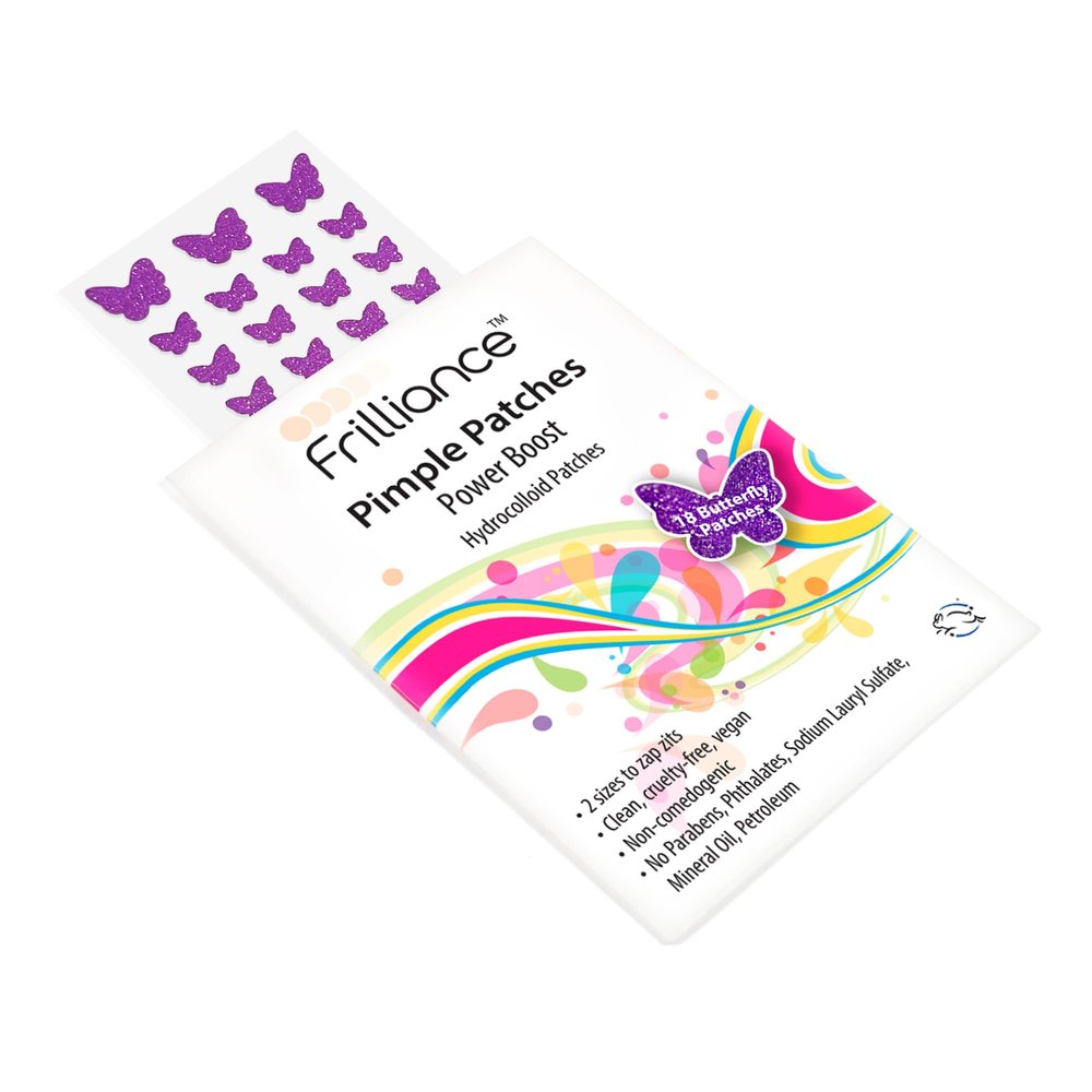 Frilliance Purple Butterfly Shaped Power Boost Salicylic & Hydrocolloid Acne Pimple Patches for Zits and Blemishes (18 Count, 2 Sizes), Vegan and Cruelty Free