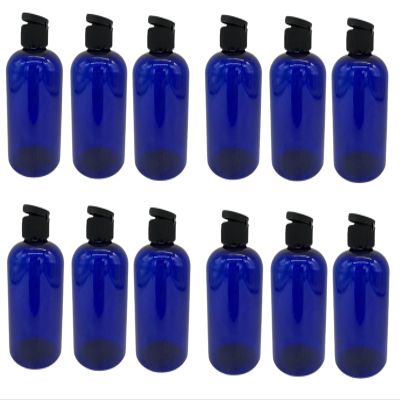 Natural Farms 8 oz Blue Boston Plastic Bottles -12 Pack Empty Bottle Refillable - BPA Free - Essential Oils - Aromatherapy | Black Flip Top Snap Cap - Made in the USA