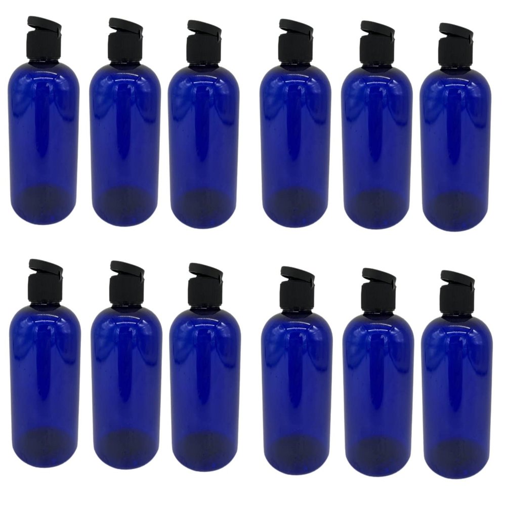 Natural Farms 8 oz Blue Boston Plastic Bottles -12 Pack Empty Bottle Refillable - BPA Free - Essential Oils - Aromatherapy | Black Flip Top Snap Cap - Made in the USA
