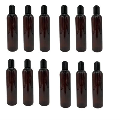 Natural Farms 8 oz Amber Cosmo Plastic Bottles -12 Pack Empty Bottle Refillable - BPA Free - Essential Oils - Aromatherapy | Black Press Down Disc Cap - Made in the USA