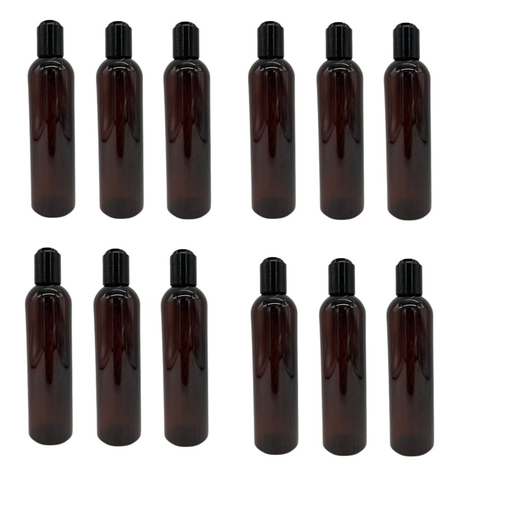 Natural Farms 8 oz Amber Cosmo Plastic Bottles -12 Pack Empty Bottle Refillable - BPA Free - Essential Oils - Aromatherapy | Black Press Down Disc Cap - Made in the USA