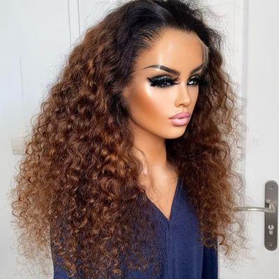 #1BT30 Ombre Color 360 Lace Wigs Human Hair Curly Wig Pre Plucked 180% Density Full End HD Invisible Lace 360 Wig Glueless Brazilian Hair Wigs Bleached Knots Transparent Lace Brown Deep Wave Wigs 16"