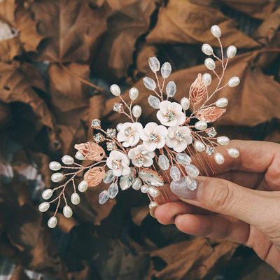 Unicra Flower Bride Wedding Hair Comb Leaf Rose Gold Bridal Headpiece Pearl Hair Accessories Crystal Hair Piece Jewelry for Women and Girls (C Rose Gold)