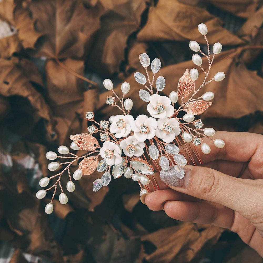 Unicra Flower Bride Wedding Hair Comb Leaf Rose Gold Bridal Headpiece Pearl Hair Accessories Crystal Hair Piece Jewelry for Women and Girls (C Rose Gold)