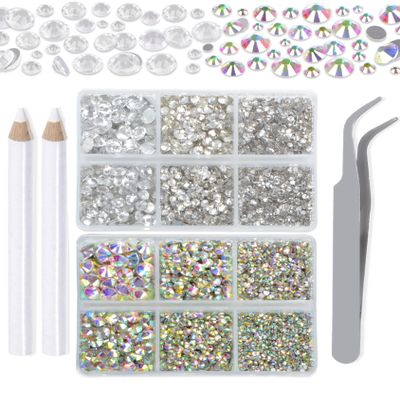 LPBeads 6000 Pieces Clear and Clear AB Non Hotfix Rhinestones 6 Sizes Round Crystal Glass Flat Back Rhinestones with Tweezers and Picking Pen for Nail Art Crafts Clothes Bags DIY