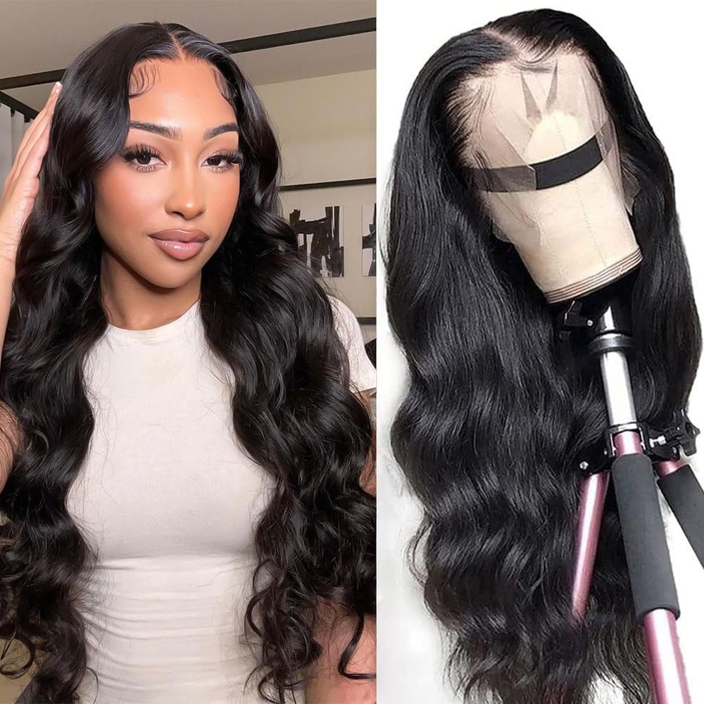 13x4 Body Wave Lace Front Wigs Human Hair Pre Plucked HD Transparent Lace Frontal Wigs with Baby Hair 180% Density 9A Glueless Brazilian Lace Front Wigs for Women Natural Black 32 Inch