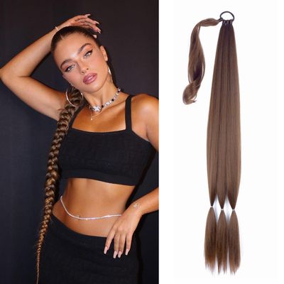 34inch Long Braided Ponytail Extension with Hair Tie Brown Straight Wrap Around Braid Extensions for Women Synthetic High Temperature Fluffy Natural Soft Hair Piece for Women (6#)