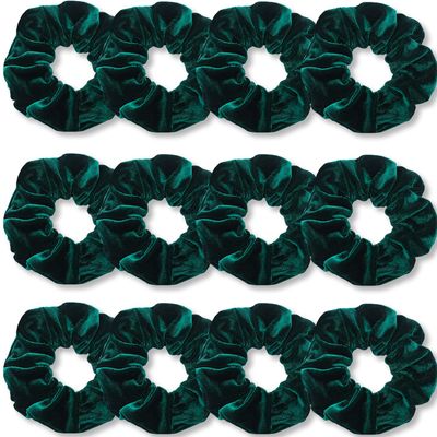 IVARYSS Dark Green Scrunchies, Premium Velvet Soft Hair Scrunchy Bulk, Solid Colors Thick Elastic Bands, Hair Accessories for Women and Girls, 12 Pack