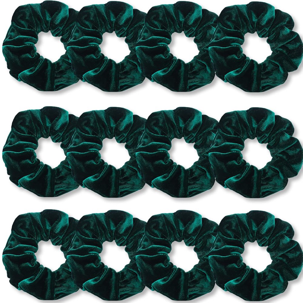 IVARYSS Dark Green Scrunchies, Premium Velvet Soft Hair Scrunchy Bulk, Solid Colors Thick Elastic Bands, Hair Accessories for Women and Girls, 12 Pack