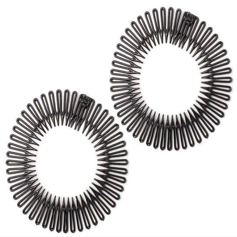 2 Classic Tort Brown Ladies Flex Combs Zig Zag Hair Band Unisex Design Comb Headband (Black)