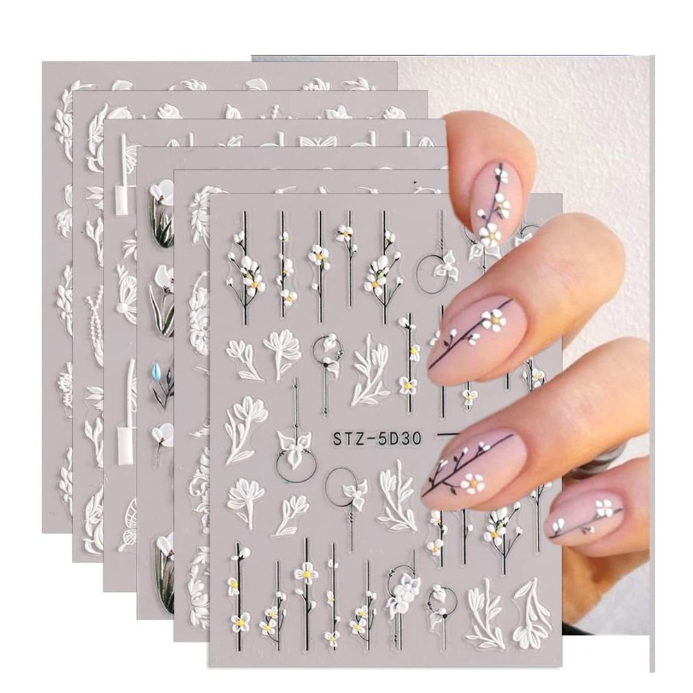 6 Sheets Nail Art Sticker, Nail Art Decorations Nail Art Stickers, Nail Art Stickers Nail Art Water Decals Nails, 5D Floral Pattern, 3D Embossed Self Adhesive Nail Art Decal