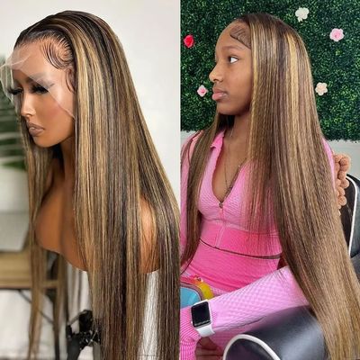 1B27 Highlight Ombre Straight HD Transparent Lace Front Human Hair Wig Honey Blonde Colored For Black Women Brazilian Virgin Hair Pre Plucked With Baby Hair Bleached Knots 150% Density 24Inch