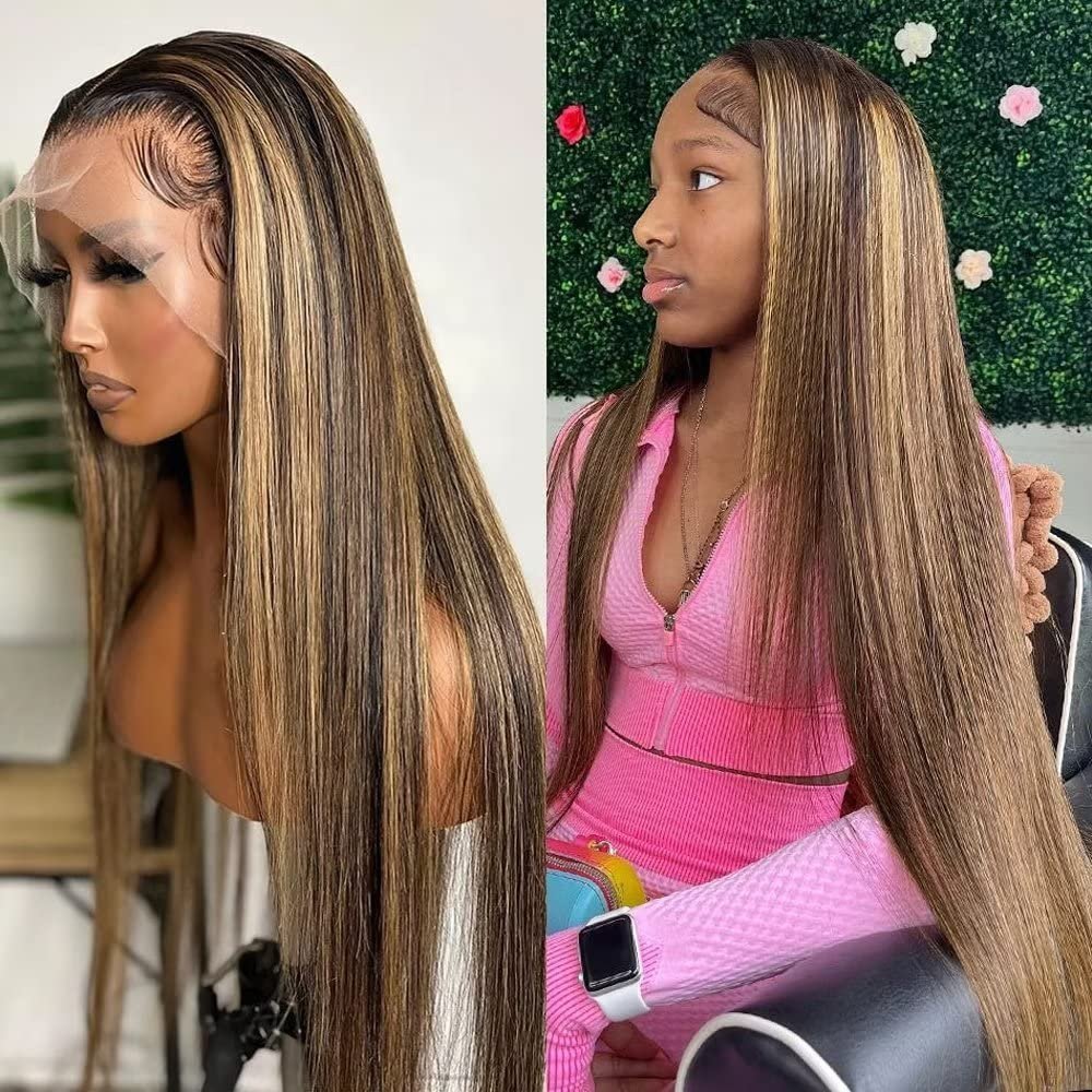 1B27 Highlight Ombre Straight HD Transparent Lace Front Human Hair Wig Honey Blonde Colored For Black Women Brazilian Virgin Hair Pre Plucked With Baby Hair Bleached Knots 150% Density 24Inch