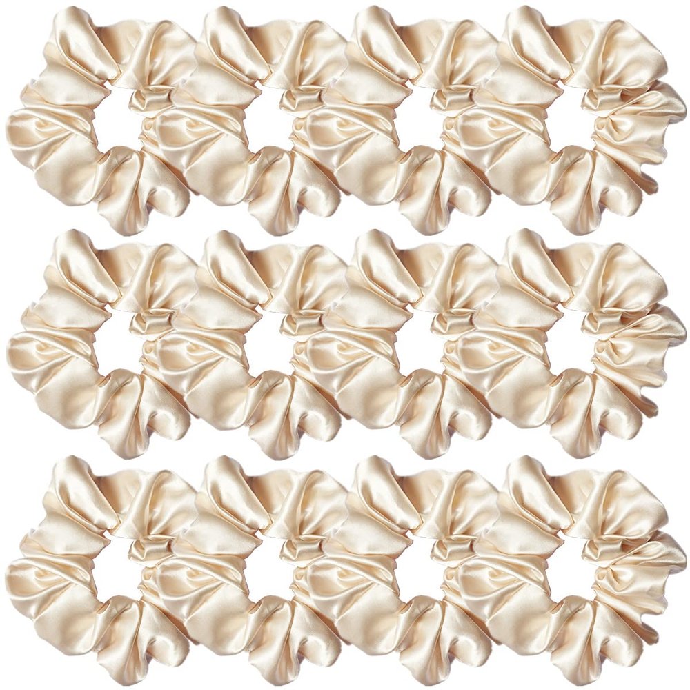Sufermoe 12 Pcs Satin Silk Hair Scrunchies, Beige (4.5 Inch) Soft Hair Ties, Hair Bands, Hair Ropes, Ponytail Holders, Hair Accessories for Women and Girls