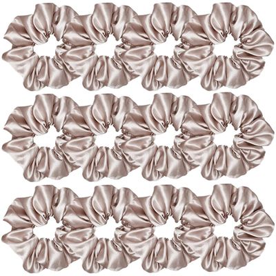 12 Pcs Satin Silk Scrunchies, Soft Hair Ties, Fashion Bands, Bows, Ropes, Elastic Bracelets, Ponytail Holders, Hair Accessories for Women and Girls (4.5 Inch, Champagne)