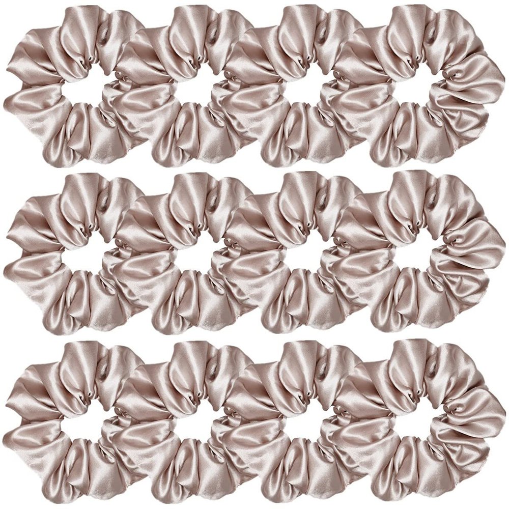 12 Pcs Satin Silk Scrunchies, Soft Hair Ties, Fashion Bands, Bows, Ropes, Elastic Bracelets, Ponytail Holders, Hair Accessories for Women and Girls (4.5 Inch, Champagne)