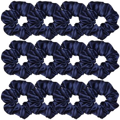 12 Pcs Satin Silk Scrunchies Soft Ties Fashion Bands Hair Bows Elastic Bracelet Ponytail Holders for Women and Girls (4.5 Inch, Navy Blue)