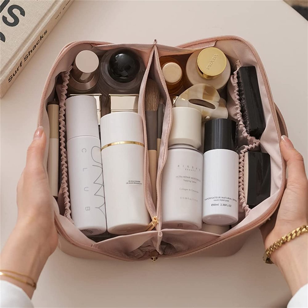 2022New Large Capacity Travel Cosmetic Bag,Waterproof Portable Cosmetic Bag, Cosmetic Bag with Handle and Separator Multifunctional Storage Makeup Bags (Pink/Brown/Beige),Brown