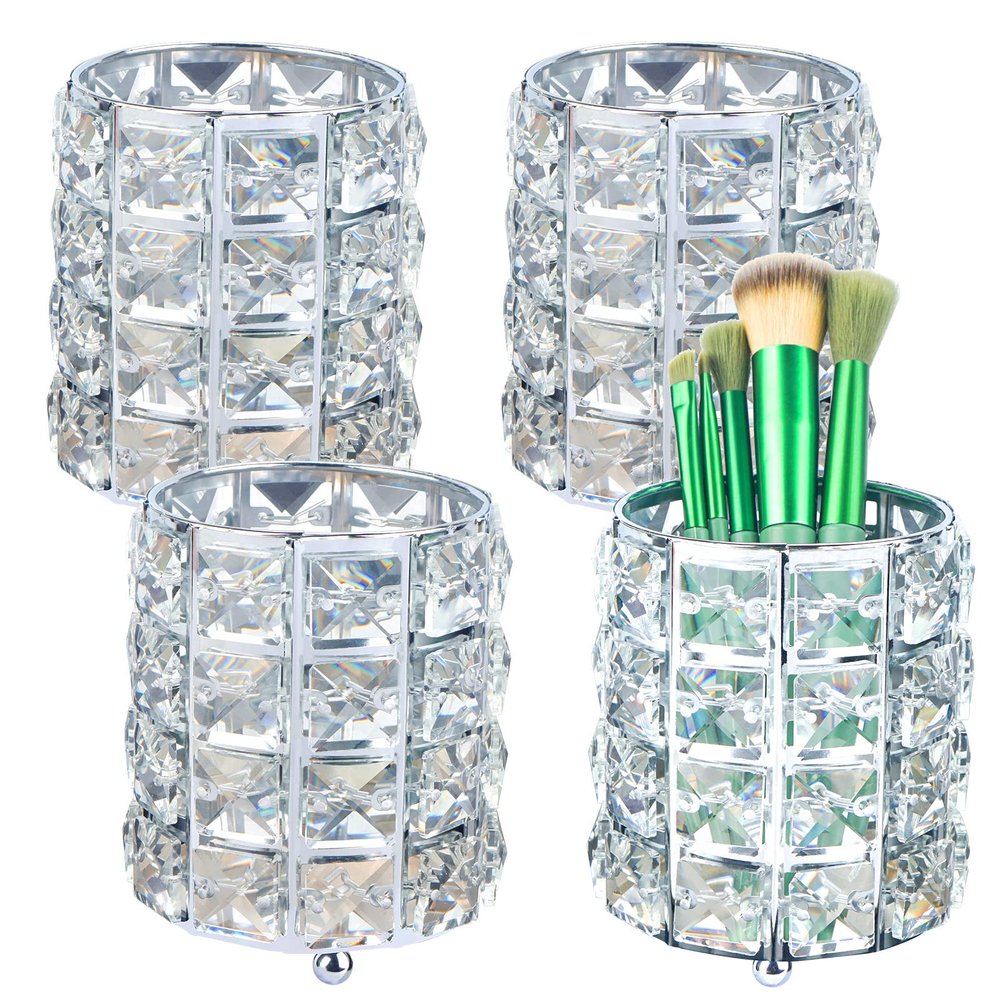 LUEXBOX 4 PCS Crystal Makeup Brush Holder, Bling Makeup Tools Organizer, Round Cosmetics Brush Storage Container for Table, Dresser, Bathroom, Bedroom Organization (Silver)