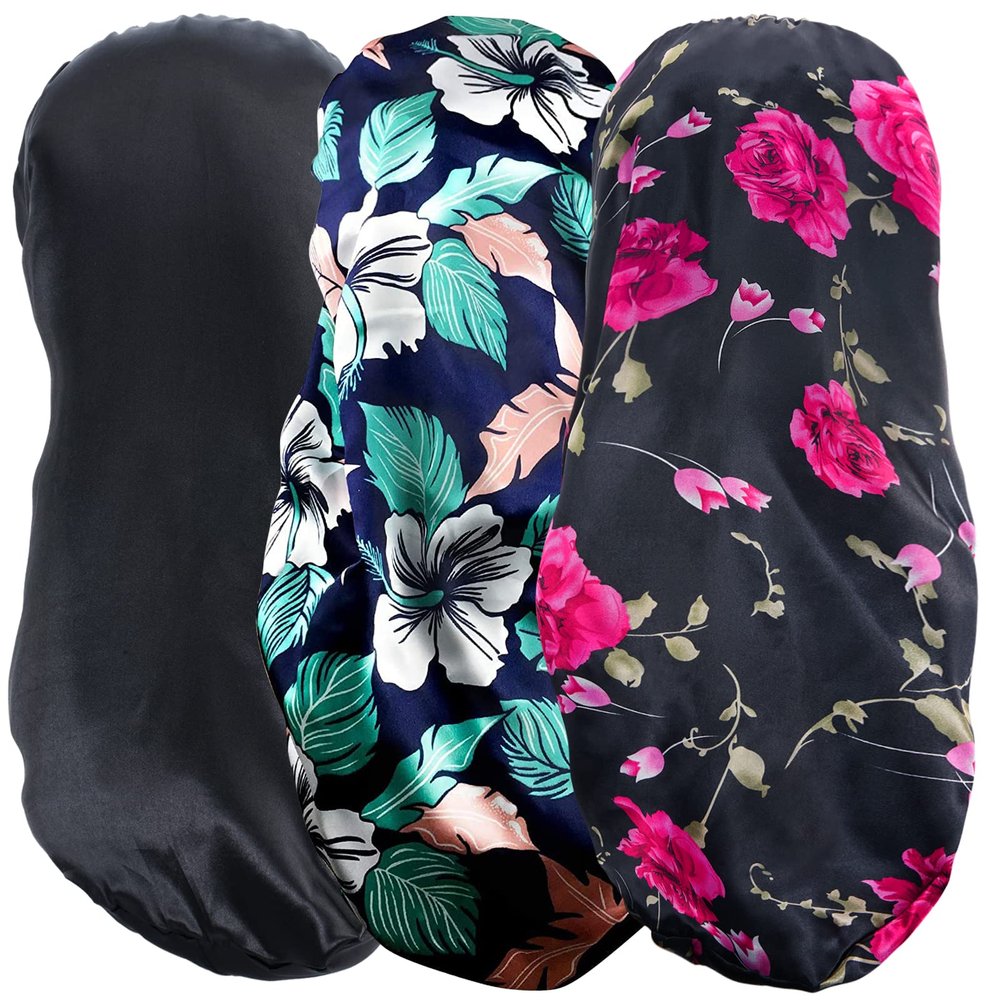 3 Pcs Satin Bonnet Sleep Cap, Extra Long for Braids, Comfortable for Sleeping, Silk Bonnet for Women Dreadlocks, Long Hair, Soft Elastic Band (Black, Green Leaves, Black Flowers)