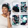 3 Pcs Satin Bonnet Sleep Cap, Extra Long for Braids, Comfortable for Sleeping, Silk Bonnet for Women Dreadlocks, Long Hair, Soft Elastic Band (Black, Green Leaves, Black Flowers) view 3